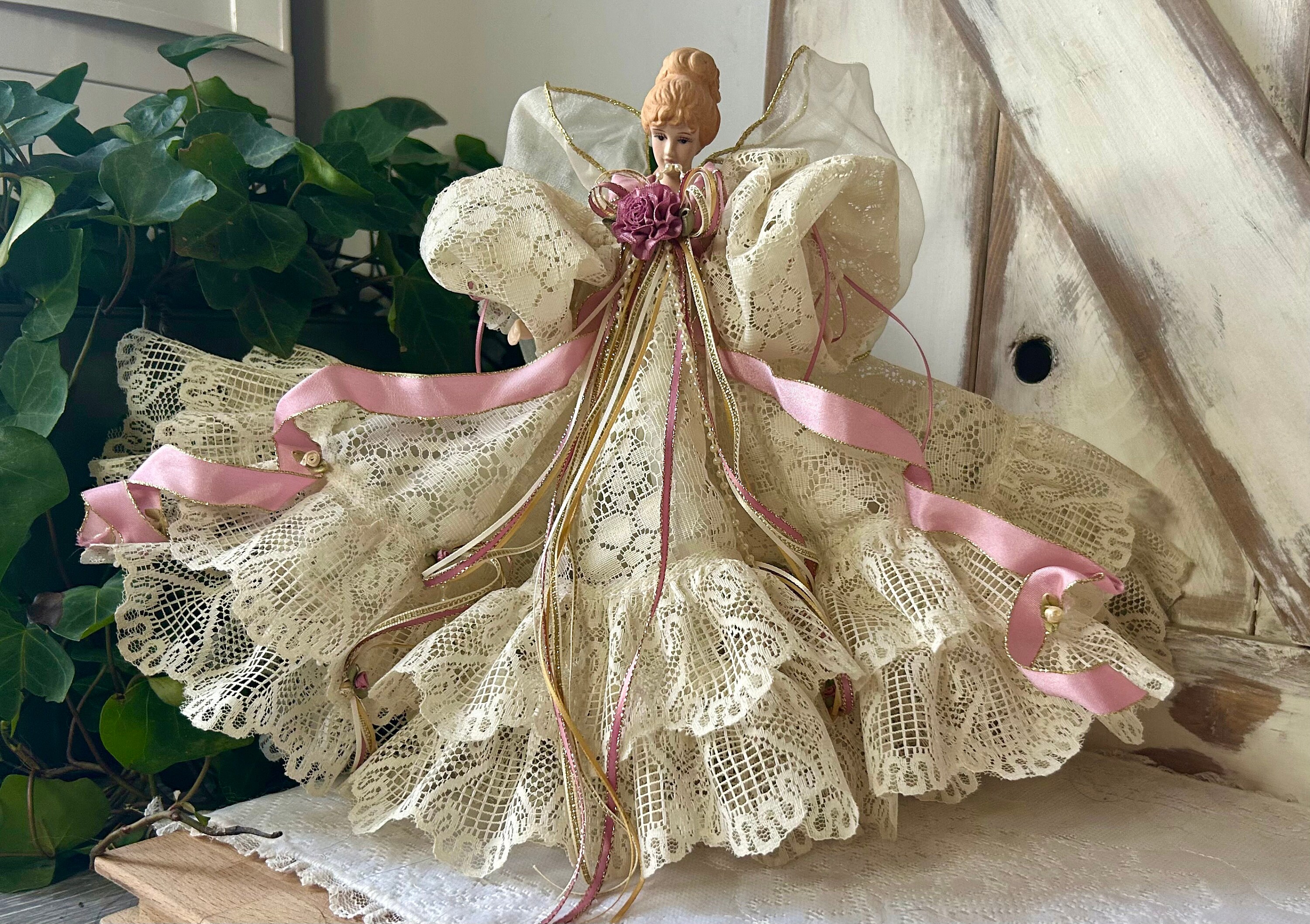 Champagne bow Christmas tree topper, Ribbon tree topper