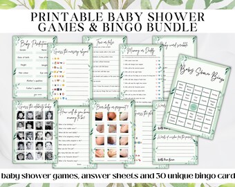 Baby shower games bundle, Baby shower bingo, Baby shower green leaf games, Printable baby shower games, gender neutral baby shower games