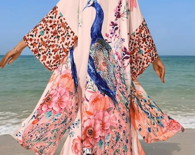 Partywear Peacock Print Polyester Long Kimono Duster main image 1