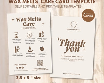 May include: A printable care card template for wax melts. The card features instructions for using wax melts safely, a thank you message, and contact information for the candle company. The card is 3.5 inches by 5 inches.