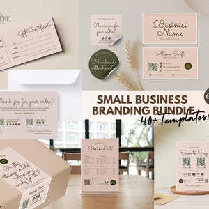 Könnte beinhalten: Eine Sammlung von Branding-Vorlagen für kleine Unternehmen in Rosa und Grün. Enthält Geschenkgutscheine, Visitenkarten, Dankeskarten, Aufkleber, Preislisten und eine Box mit der Aufschrift "Pretty things inside! Are you ready for it?"