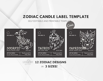Plantilla de etiqueta de vela del zodiaco Velas del zodiaco Etiqueta personalizada editable para regalos del signo del zodiaco imprimibles, Etiqueta de vela de astrología Horóscopo