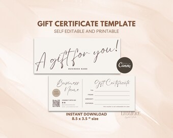 Editable Gift Certificate Template, Printable Gift Voucher, Minimal Gift Certificate, Printable Gift Card, Canva Coupon Voucher Card -Ari