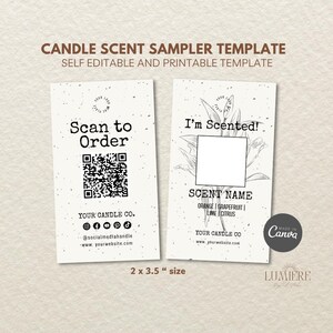 Könnte beinhalten: Eine schwarz-weiße druckbare Vorlage für Duftproben von Kerzen. Die Vorlage enthält einen QR-Code zum Scannen, um zu bestellen, Social-Media-Icons und einen Platz für den Duftnamen der Kerze. Die Vorlage ist 2 x 3,5 Zoll groß.