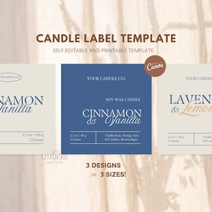 K&ouml;nnte beinhalten: Kerzenetiketten-Vorlage mit drei Designs in drei Gr&ouml;&szlig;en. Die Etiketten zeigen Texte wie "Cinnamon & Vanilla" und "Lavender & Lemonade". Die Etiketten sind in Blau- und Beiget&ouml;nen gehalten.