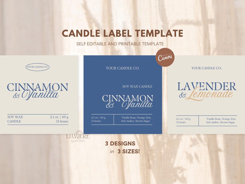 K&ouml;nnte beinhalten: Kerzenetiketten-Vorlage mit drei Designs in drei Gr&ouml;&szlig;en. Die Etiketten zeigen Texte wie "Cinnamon & Vanilla" und "Lavender & Lemonade". Die Etiketten sind in Blau- und Beiget&ouml;nen gehalten.