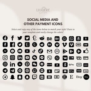 May include: A black and white graphic of social media and payment icons. The icons include Facebook, Twitter, Instagram, Pinterest, YouTube, TikTok, Behance, Vimeo, WhatsApp, Amazon, PayPal, Visa, Etsy, and more.