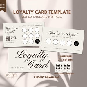 Op de afbeelding: Crèmekleurige loyaliteitskaart sjablonen met elegante typografie. De kaarten bevatten de tekst "You're so Loyal!" en "Loyalty Card". Eén ontwerp bevat negen cirkels voor stempels, een ander heeft er vijf. Inclusief een gratis stickervoorbeeld.
