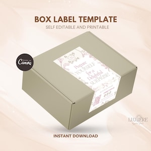 May include: A light brown box with a label that reads "Prepare YOURSELF for a Delightful SURPRISE!" The box label template is self-editable and printable. The Canva logo is visible.