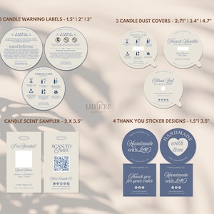 May include: A collection of candle accessories, including warning labels, dust covers, and thank you stickers. The labels are round and feature candle care instructions. The dust covers are labeled with scents. The thank you stickers are blue and white.