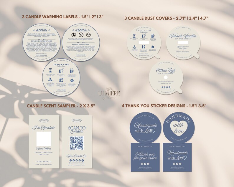 May include: A collection of candle accessories, including warning labels, dust covers, and thank you stickers. The labels are round and feature candle care instructions. The dust covers are labeled with scents. The thank you stickers are blue and white.