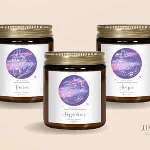 Sternzeichen-Kerzenetikettenvorlage, bearbeitbares Etikett für Sternzeichenkerzen, Konstellationsgalaxienkarte-Kerzenetiketten, Astrologie-Kerzenaufkleberdesign