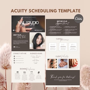 Op de afbeelding: Esthetische nagelstudio-sjabloon met de tekst "NAIL STUDIO" en "ACUITY SCHEDULING TEMPLATE". De sjabloon bevat een foto van een lachende vrouw, klantbeoordelingen en boekingsvoorwaarden. Het ontwerp is in bruin- en wittinten.