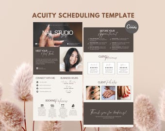 May include: Aesthetic nail studio template with the text "NAIL STUDIO" and "ACUITY SCHEDULING TEMPLATE". The template includes a photo of a smiling woman, client reviews, and booking policies. The design is in shades of brown and white.
