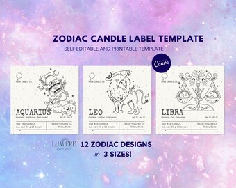 Plantilla de etiqueta de vela del zodiaco Velas del zodiaco Etiqueta personalizada editable para regalos del signo del zodiaco imprimibles, Etiqueta de vela de astrología Horóscopo