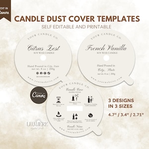 May include: Three candle dust cover templates with text: "Citrus Zest" and "French Vanilla". The covers are cream-colored and feature candle care instructions and sizes: 4.7", 3.4", and 2.71" in diameter. The net weight is 8 oz (200g).