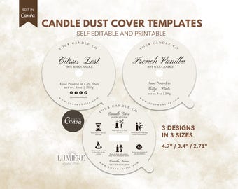 Candle Dust Cover Template, Printable Candle Label Canva, Editable Dust Cover Design, DIY Candle Dust Covers Circle & Square, Canva -Cla