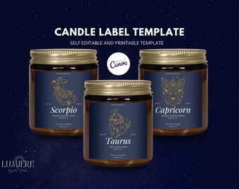 Plantilla de etiqueta de vela del zodiaco Velas del zodiaco Etiqueta personalizada editable para regalos del signo del zodiaco imprimibles, Etiqueta de vela de astrología Horóscopo