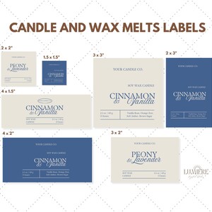 May include: A collection of candle and wax melt labels in various sizes. The labels feature text such as "Cinnamon & Vanilla" and "Peony & Lavender" in elegant fonts. The color scheme includes navy blue and cream.