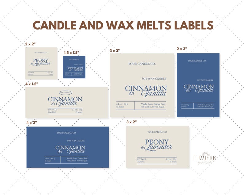 May include: A collection of candle and wax melt labels in various sizes. The labels feature text such as "Cinnamon & Vanilla" and "Peony & Lavender" in elegant fonts. The color scheme includes navy blue and cream.