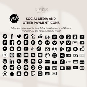 May include: Black and white social media and payment icons, including Facebook, Twitter, Instagram, and PayPal. The image includes the text "FREE" and "SOCIAL MEDIA AND OTHER PAYMENT ICONS".