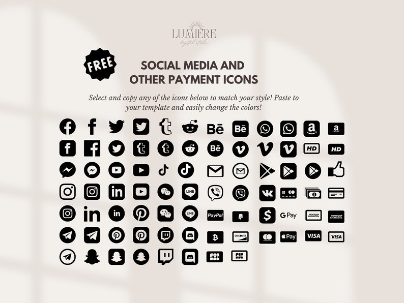 May include: Black and white social media and payment icons, including Facebook, Twitter, Instagram, and PayPal. The image includes the text "FREE" and "SOCIAL MEDIA AND OTHER PAYMENT ICONS".