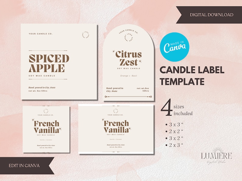 May include: Four candle label templates in different sizes, 3x3 inches, 2x2 inches, 3x2 inches, and 2x3 inches. The labels are beige with brown text and feature the text "Your Candle Co." and different candle scents: "Spiced Apple", "Citrus Zest", and "French Vanilla". The text "Made in Canva" and "Candle Label Template" is also visible.