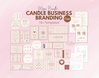 May include: A collection of 70+ customisable templates for candle business branding. The templates feature a pink and white striped design with the text "Mega Bundle! Candle Business Branding Canva 70+ Templates!" and "A Gift For".