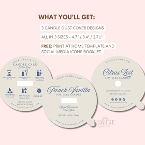 May include: Three round candle label designs with a cream background and blue text. The labels feature the text "Your Candle Co." and the candle names "French Vanilla", "Citrus Test", and "Candle Care Instructions". The labels also include social media icons and the text "Hand Poured in City, State".