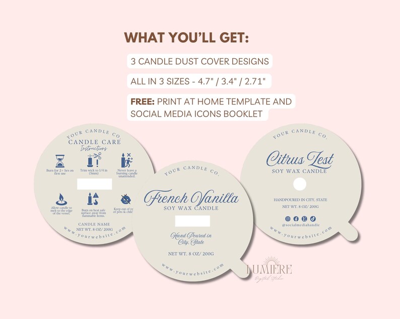 May include: Three round candle label designs with a cream background and blue text. The labels feature the text "Your Candle Co." and the candle names "French Vanilla", "Citrus Test", and "Candle Care Instructions". The labels also include social media icons and the text "Hand Poured in City, State".