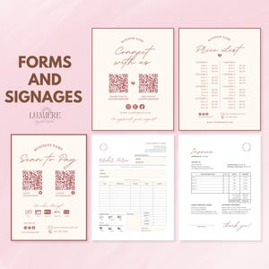 May include: A set of printable forms and signage templates for a business. The templates feature a pink and white color scheme with a minimalist design. The text includes "Forms and Signage", "Connect with us", "Price List", "Scan to Pay", and "Invoice".