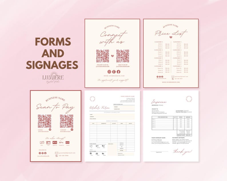 May include: A set of printable forms and signage templates for a business. The templates feature a pink and white color scheme with a minimalist design. The text includes "Forms and Signage", "Connect with us", "Price List", "Scan to Pay", and "Invoice".