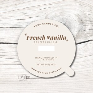 May include: Round, cream-colored candle label with brown text. The label says "YOUR CANDLE CO." and "French Vanilla SOY WAX CANDLE". It also says "HAND POURED IN CITY, STATE" and "NET WT. 8 OZ/200G". The bottom of the label says "www.yourwebsite.com".