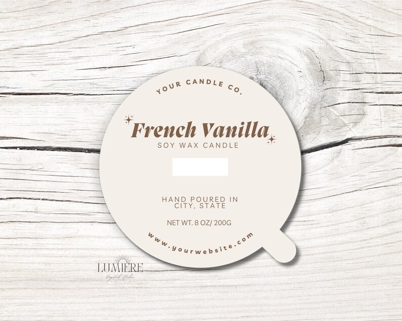 May include: Round, cream-colored candle label with brown text. The label says "YOUR CANDLE CO." and "French Vanilla SOY WAX CANDLE". It also says "HAND POURED IN CITY, STATE" and "NET WT. 8 OZ/200G". The bottom of the label says "www.yourwebsite.com".