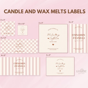 May include: A set of printable candle and wax melt labels in various sizes. The labels feature a pink and white checkered pattern, pink and white stripes, and a grid pattern. The text on the labels includes "Morning Coffee", "Cinnamon & Vanilla", and "Salted Caramel".