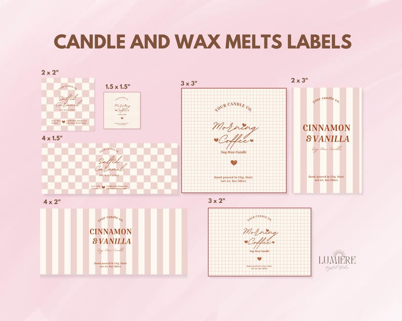 May include: A set of printable candle and wax melt labels in various sizes. The labels feature a pink and white checkered pattern, pink and white stripes, and a grid pattern. The text on the labels includes "Morning Coffee", "Cinnamon & Vanilla", and "Salted Caramel".