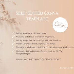 May include: A Canva template advertisement with a soft peach background and floral accents. Text includes "SELF-EDITED CANVA TEMPLATE" and details about editing text, fonts, and colors. A "Made in Canva" logo is also present.