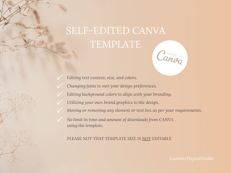 May include: A Canva template advertisement with a soft peach background and floral accents. Text includes "SELF-EDITED CANVA TEMPLATE" and details about editing text, fonts, and colors. A "Made in Canva" logo is also present.