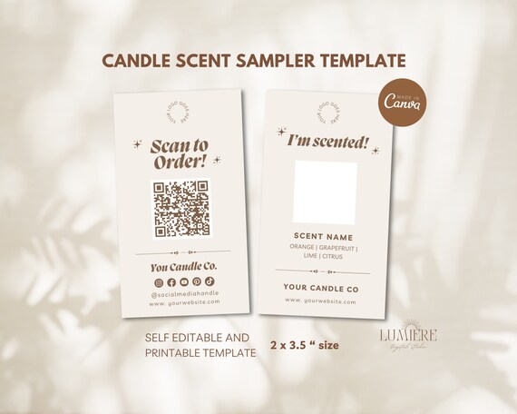 Scent Sample Card Template, Editable QR Code Scan To Order, Printable Scan to Pay Canva Template, Custom Candle Branding -01CBK