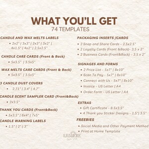May include: A beige graphic with the text "WHAT YOU'LL GET" and a list of 74 templates, including labels, cards, dust covers, and signage. The list includes measurements in inches.