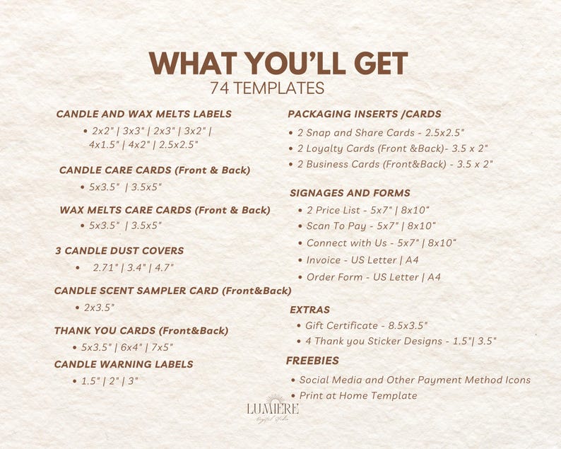 May include: A beige graphic with the text "WHAT YOU'LL GET" and a list of 74 templates, including labels, cards, dust covers, and signage. The list includes measurements in inches.