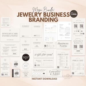 Puede incluir: Una colección de materiales de marca para un negocio de joyería, que incluye tarjetas, instrucciones y listas de precios. El diseño es minimalista con una paleta de colores neutros e incluye el texto "Mega Bundle! JEWELRY BUSINESS BRANDING" y "Instant Download".