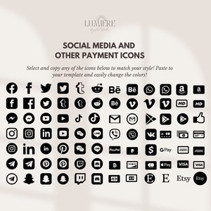 May include: A black and white graphic of social media and payment icons. The icons include Facebook, Twitter, Instagram, Pinterest, YouTube, TikTok, Behance, Vimeo, WhatsApp, Amazon, PayPal, Visa, Etsy, and more.