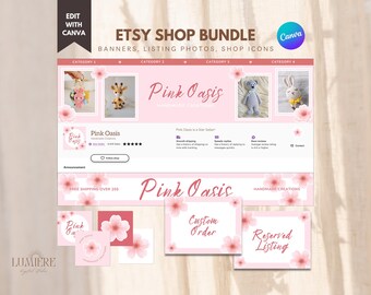 Modèle de bannière Etsy modifiable, kit de marque Etsy, image de marque de la boutique Etsy bricolage Canva, kit de démarrage Custom Shop Crochet, icône de la boutique - PNK