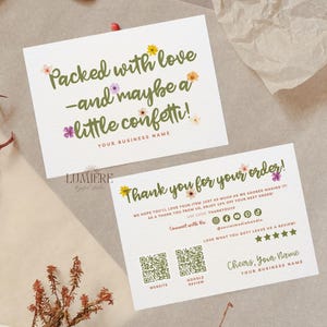 コテージコアのサンキューカードテンプレート、編集可能な顧客向けパッケージ挿入物メール用ポストカード、印刷可能な花柄の購入感謝状DIY Canva