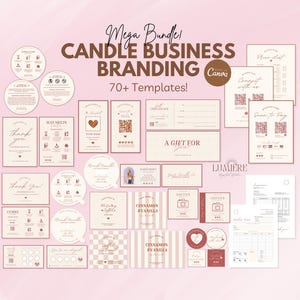 May include: A collection of 70+ customizable templates for candle business branding, designed for use with Canva. The templates feature a pink and brown color scheme with a variety of designs, including labels, thank you cards, gift tags, and more.
