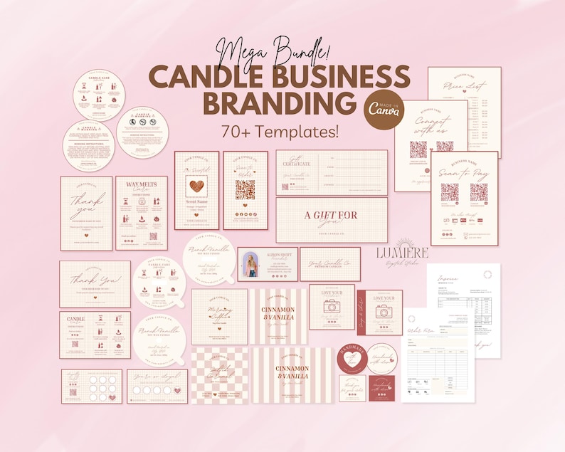 May include: A collection of 70+ customizable templates for candle business branding, designed for use with Canva. The templates feature a pink and brown color scheme with a variety of designs, including labels, thank you cards, gift tags, and more.