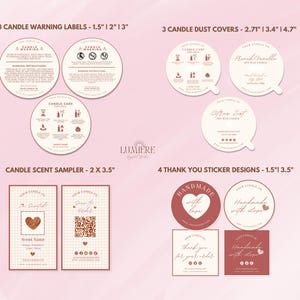May include: A set of printable candle labels and stickers for small businesses. The labels include warning labels, dust covers, scent sampler labels, and thank you stickers. The labels are in a minimalist style with a pink and white color scheme.