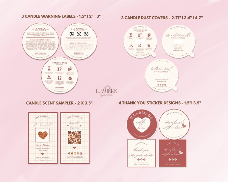 May include: A set of printable candle labels and stickers for small businesses. The labels include warning labels, dust covers, scent sampler labels, and thank you stickers. The labels are in a minimalist style with a pink and white color scheme.