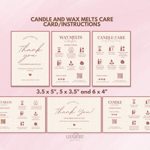 May include: Three printable cards with instructions for candle and wax melt care. The cards are in a grid pattern with pink and white text. The text on the cards includes "Candle Care Instructions", "Wax Melts Care Instructions", and "Thank You".